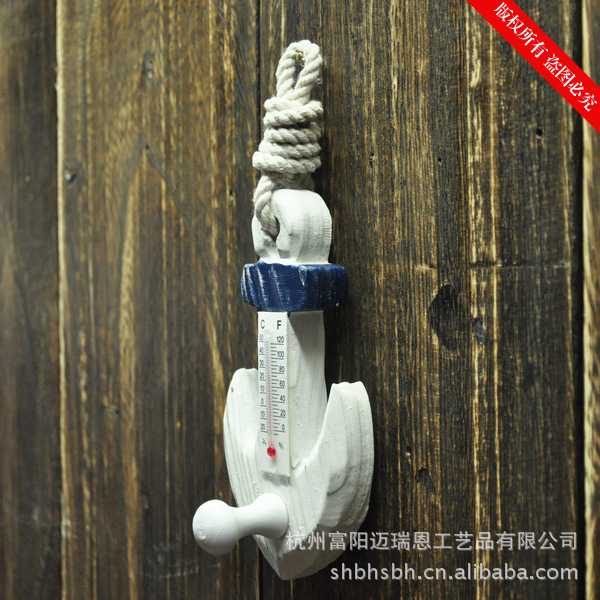 Mediterranean Solid Wood Hook Thermometer Household Pendant Ocean Wall Coat hook MA09019