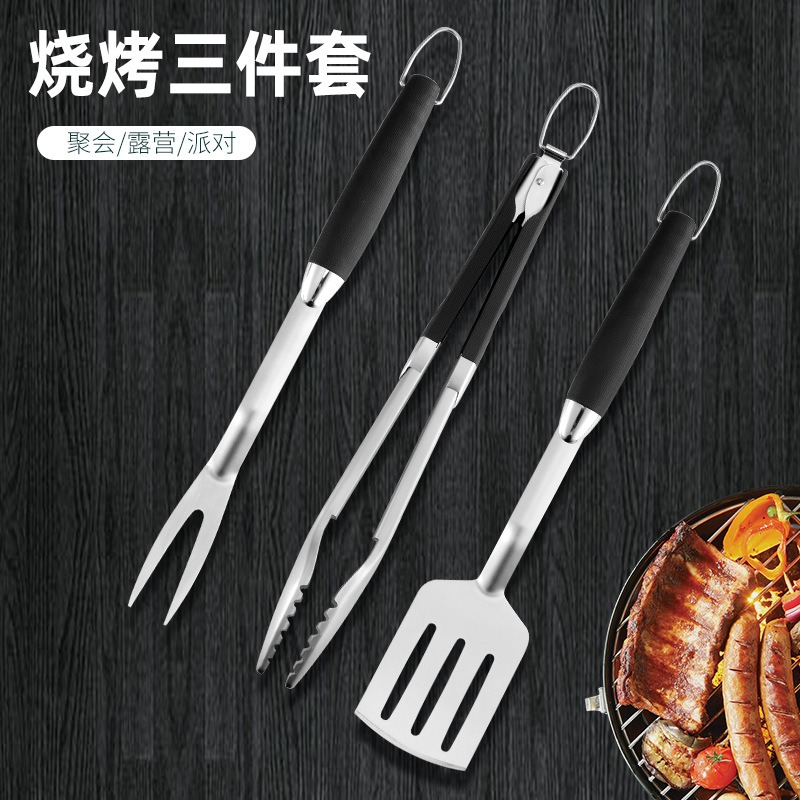 BBQ Plastic Handle Stainless Steel Combination Barbecue Fork Shovel Clip ThreePiece Set Accessories Barbecue Tools
