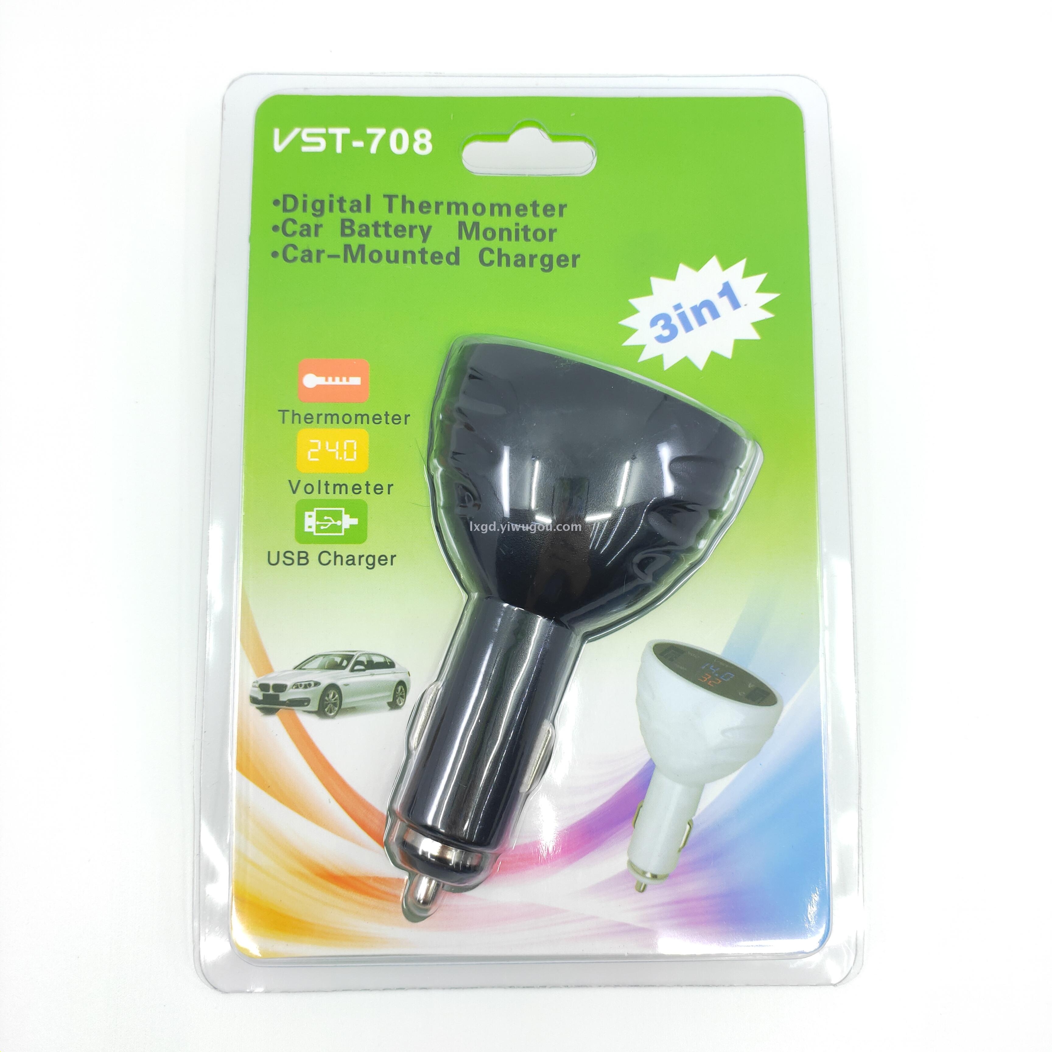 VST-708 Car Multifunction USB Charger with Voltmeter Thermometer Digital Display Three-in-One