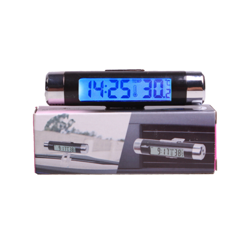 Car Supplies K01 Air Outlet Thermometer Electronic Clock Two-in-One Led Digital Display Thermometer Blue Backlight