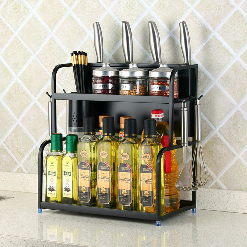 Stainless steel kitchen rack black two functional storage rack seasoning rack salt oil sauce vinegar storage rack
