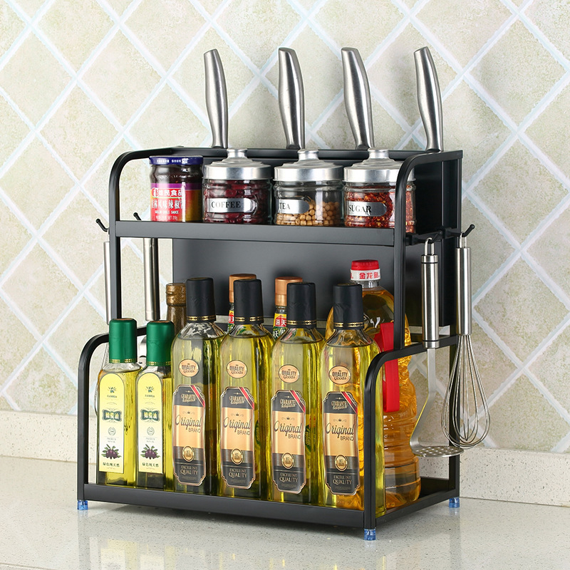 Stainless steel kitchen rack black two functional storage rack seasoning rack salt oil sauce vinegar storage rack