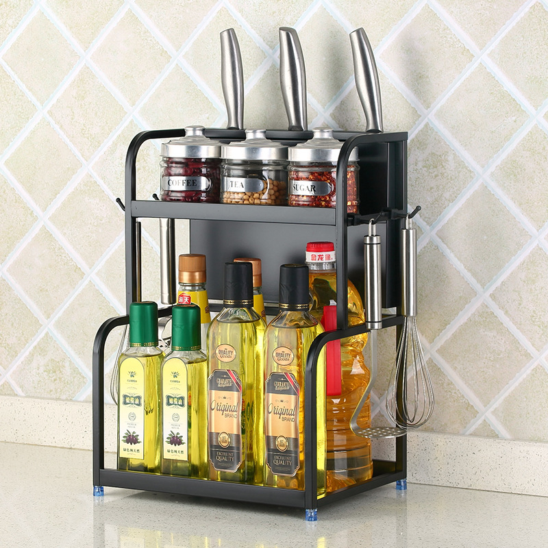 Stainless steel kitchen rack black two functional storage rack seasoning rack salt oil sauce vinegar storage rack