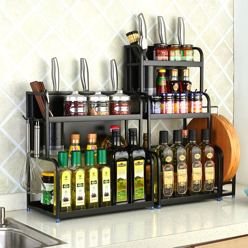 Stainless steel kitchen rack black two functional storage rack seasoning rack salt oil sauce vinegar storage rack