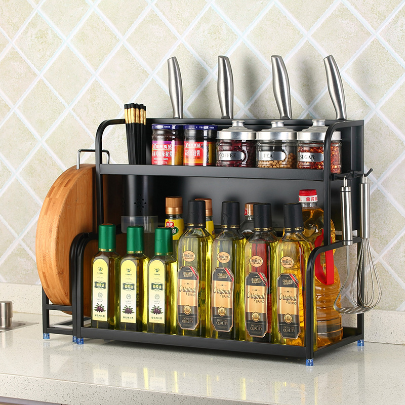 Stainless steel kitchen rack black two functional storage rack seasoning rack salt oil sauce vinegar storage rack