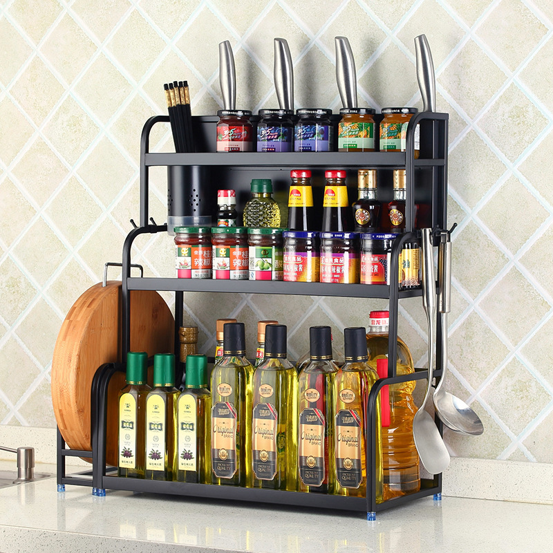 Stainless steel kitchen rack black two functional storage rack seasoning rack salt oil sauce vinegar storage rack
