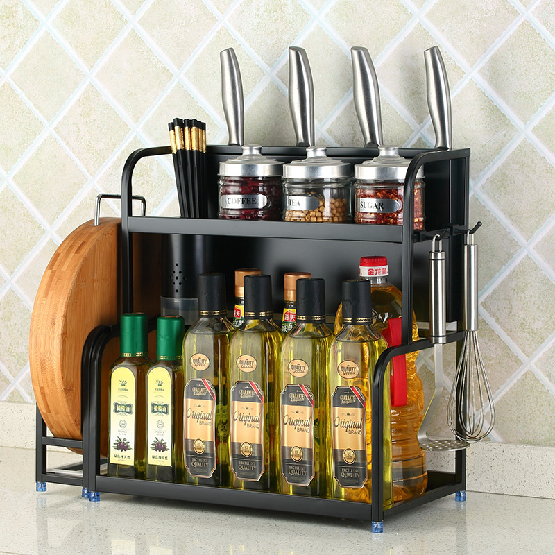Stainless steel kitchen rack black two functional storage rack seasoning rack salt oil sauce vinegar storage rack