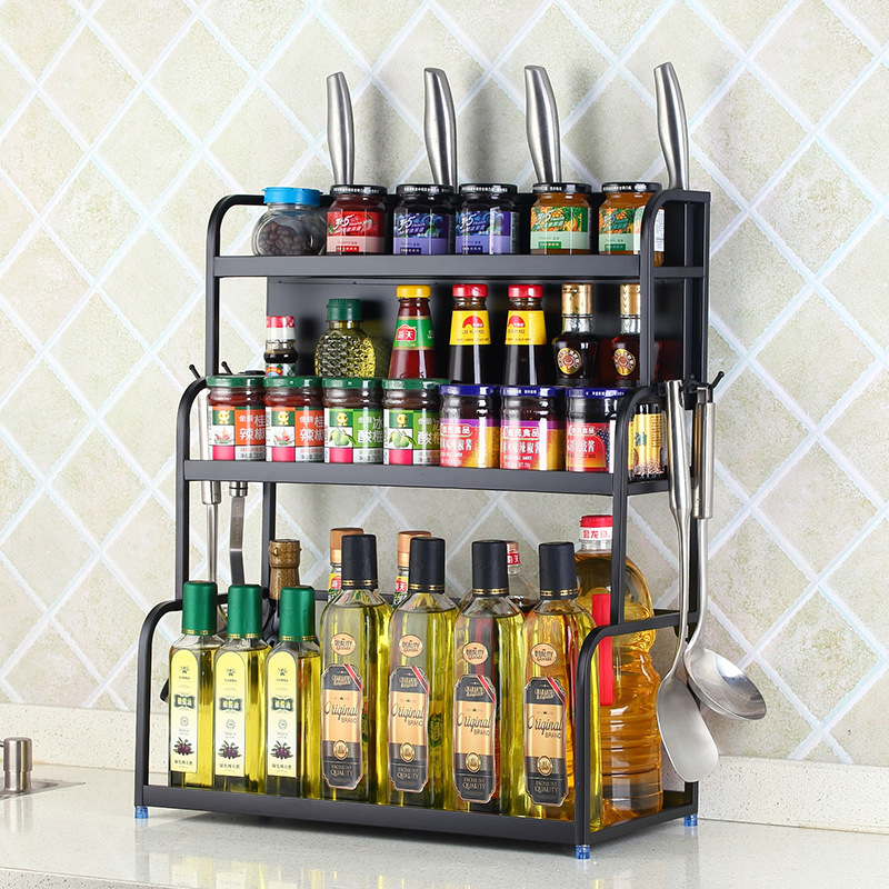 Stainless steel kitchen rack black two functional storage rack seasoning rack salt oil sauce vinegar storage rack