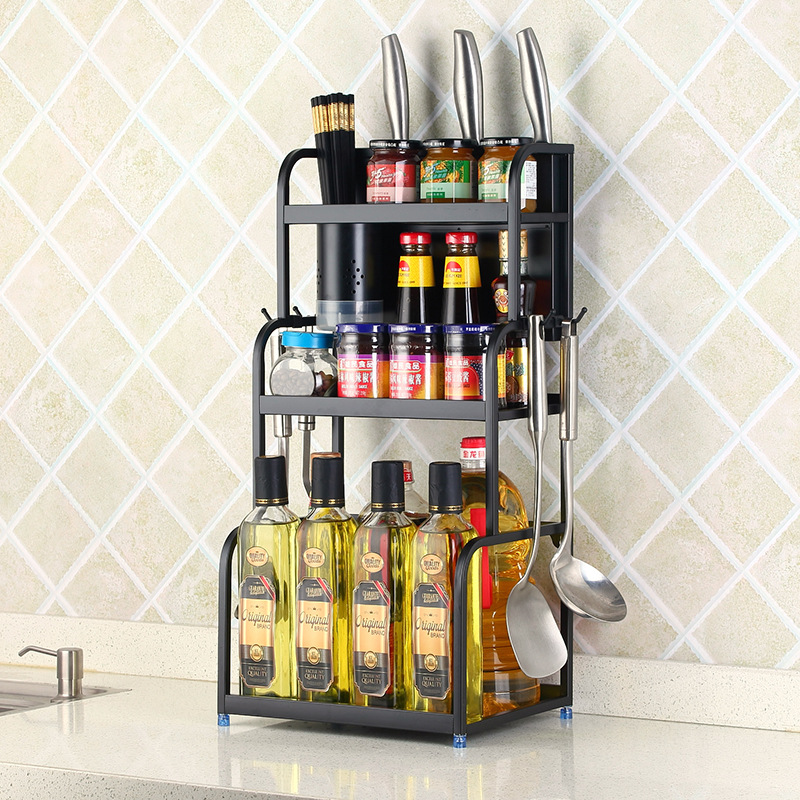 Stainless steel kitchen rack black two functional storage rack seasoning rack salt oil sauce vinegar storage rack