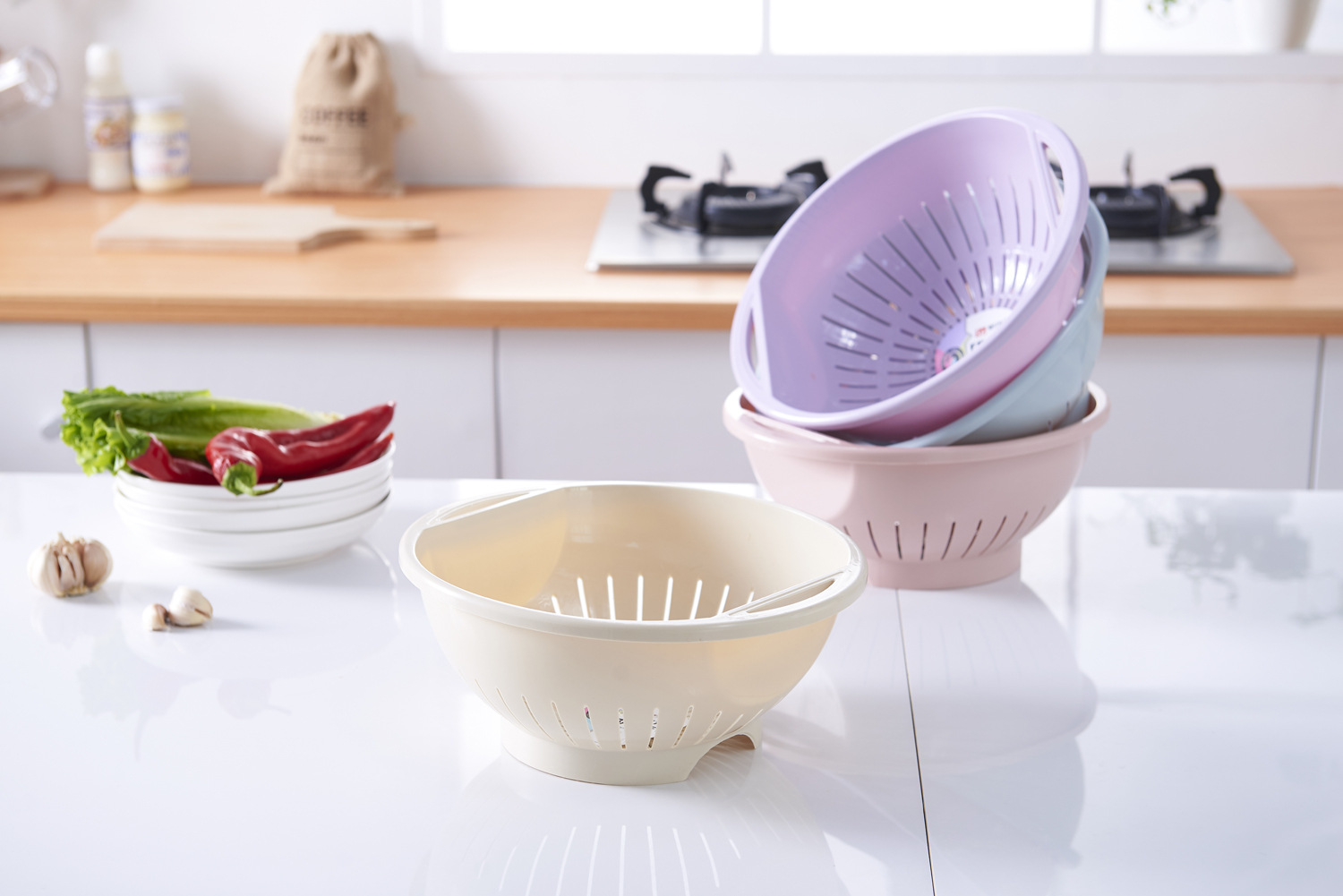 Fruit Basin Kitchen Vegetable Washing Basket Double-Layer Drain Basket round Fruit Basket Plastic Washing Basin Tableware Drip Storage Basket