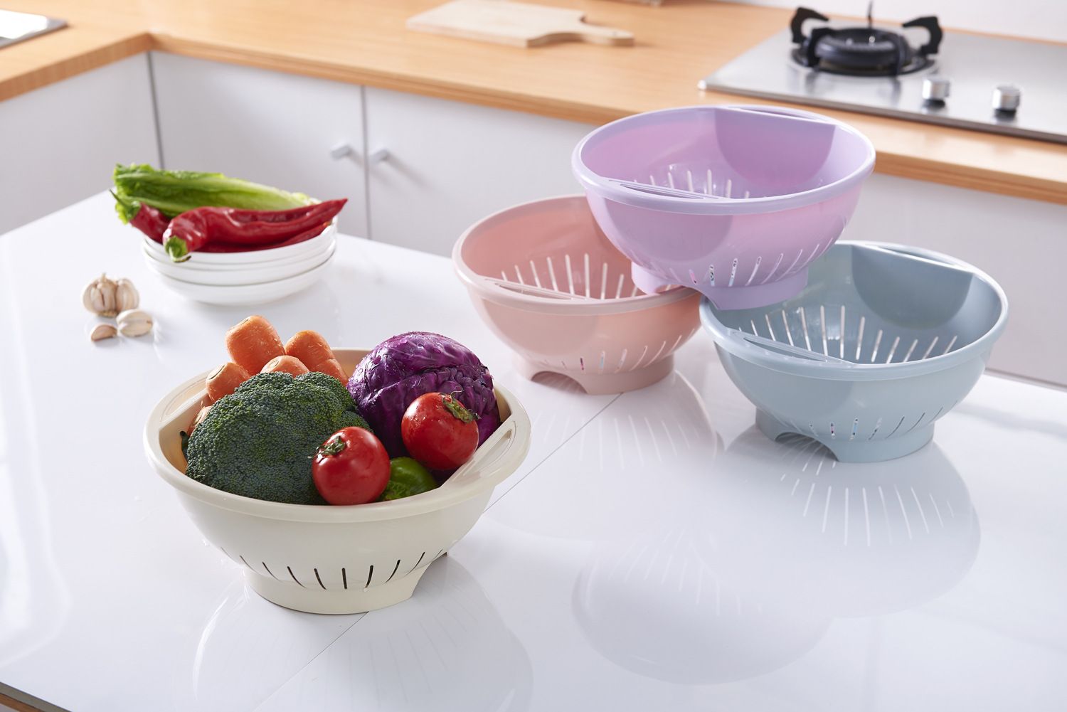 Fruit Basin Kitchen Vegetable Washing Basket Double-Layer Drain Basket round Fruit Basket Plastic Washing Basin Tableware Drip Storage Basket