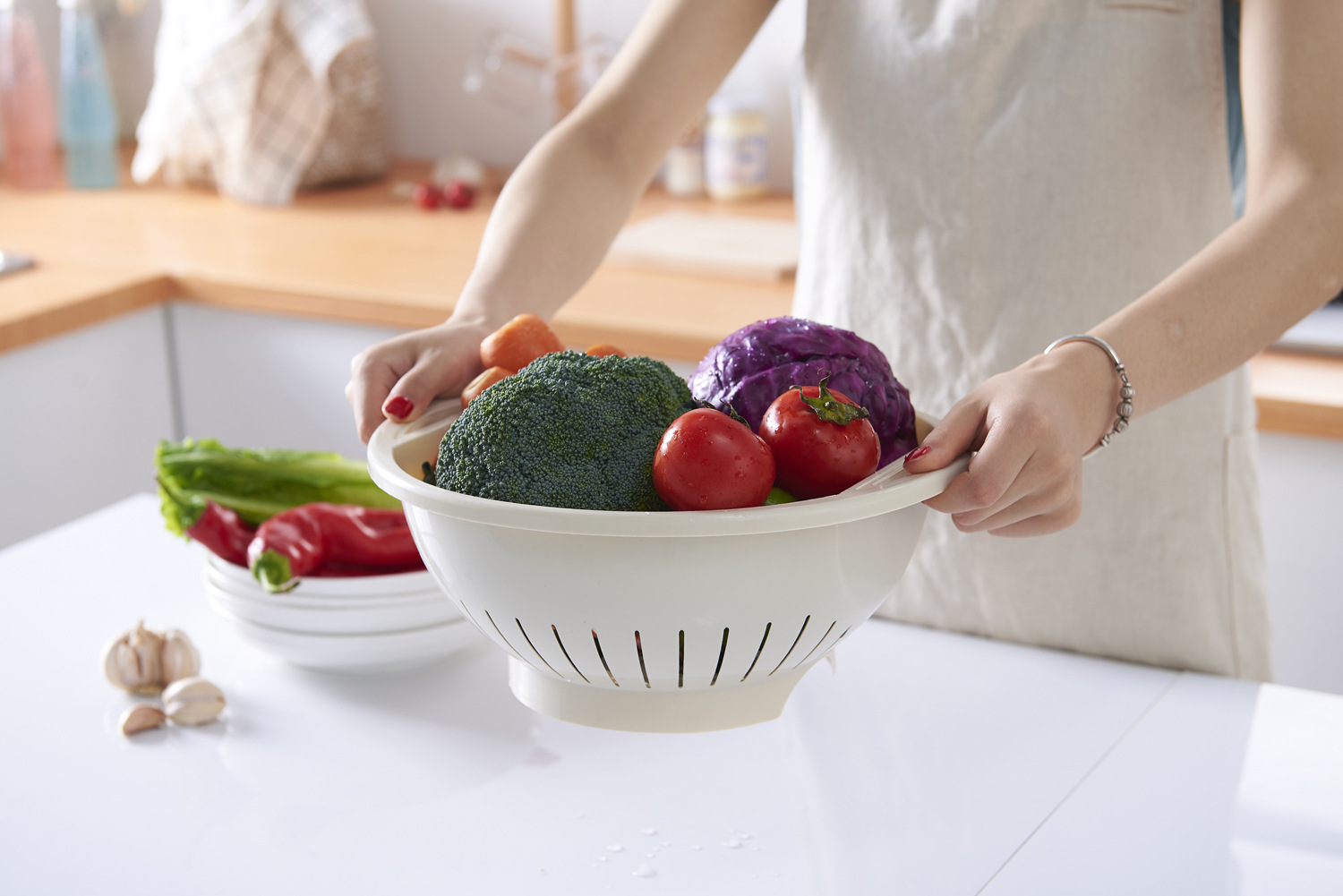Fruit Basin Kitchen Vegetable Washing Basket Double-Layer Drain Basket round Fruit Basket Plastic Washing Basin Tableware Drip Storage Basket