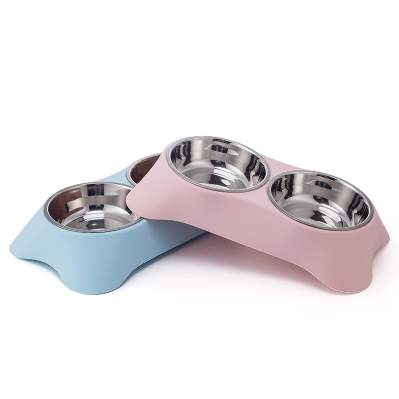 PET Plastic Double Bowl plus Stainless Steel Dog Bowl Pet Food Basin Cat Tableware Large 170