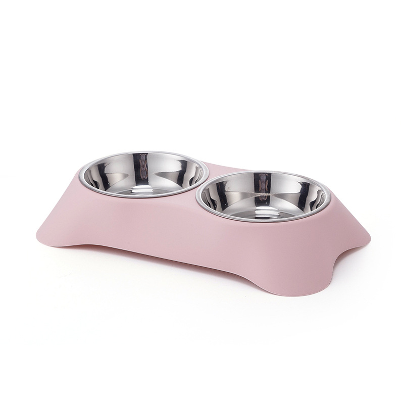 PET Plastic Double Bowl plus Stainless Steel Dog Bowl Pet Food Basin Cat Tableware Large 170