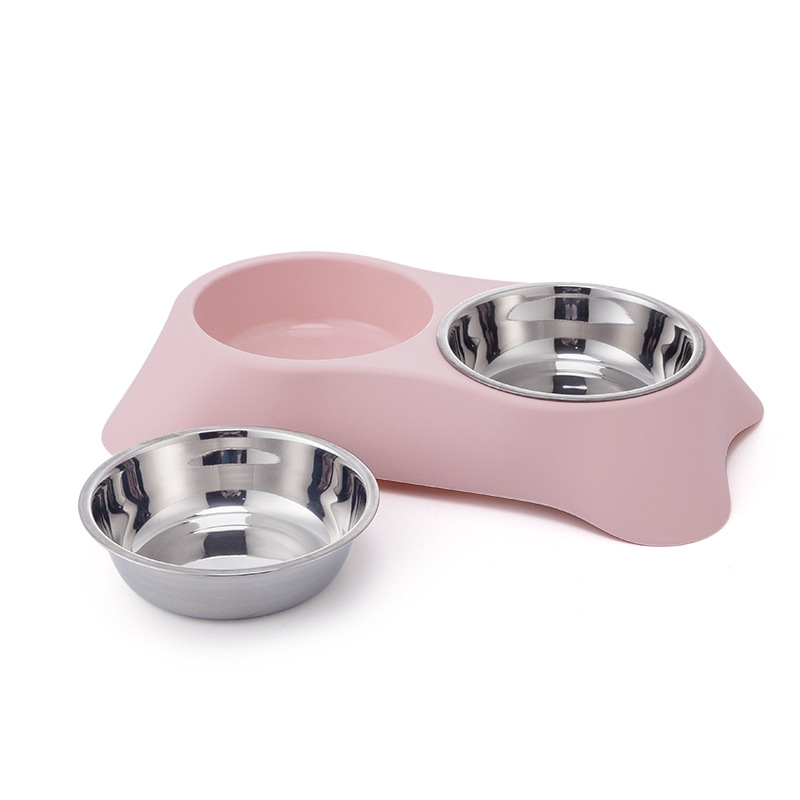 PET Plastic Double Bowl plus Stainless Steel Dog Bowl Pet Food Basin Cat Tableware Large 170