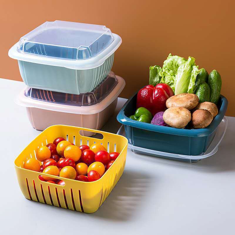 Washing Basin Drain Basket Plastic Double-Layer Kitchen Wash with Lid Fruit Basket Large Nordic Fruit Basket Fruit Basket Living Room Home Creative