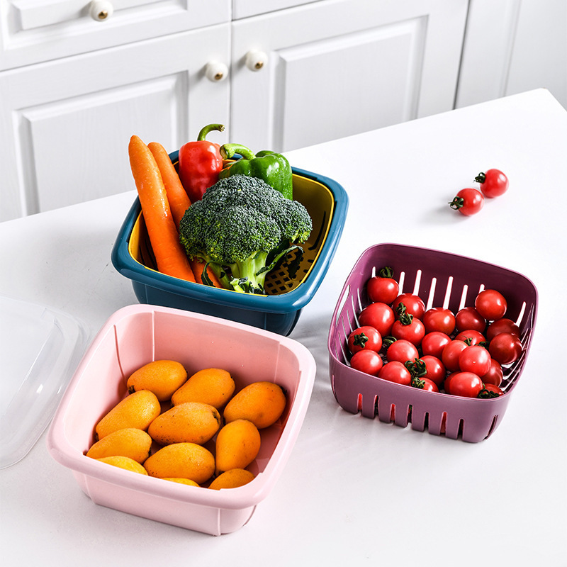 Washing Basin Drain Basket Plastic Double-Layer Kitchen Wash with Lid Fruit Basket Large Nordic Fruit Basket Fruit Basket Living Room Home Creative