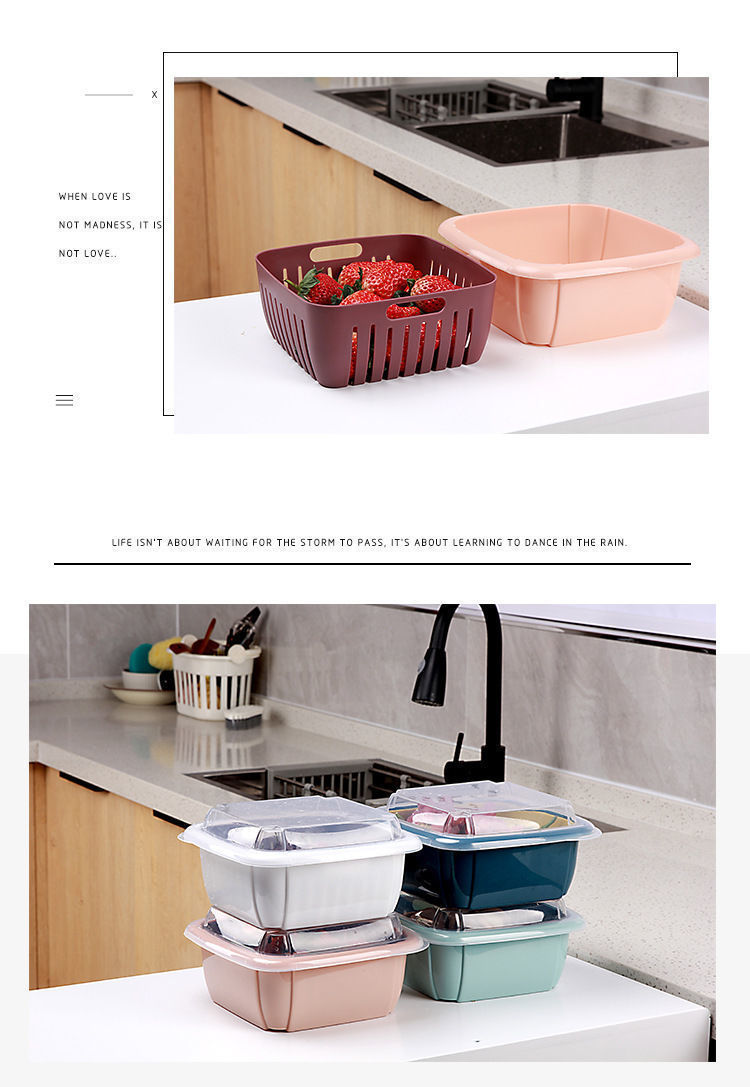 Washing Basin Drain Basket Plastic Double-Layer Kitchen Wash with Lid Fruit Basket Large Nordic Fruit Basket Fruit Basket Living Room Home Creative