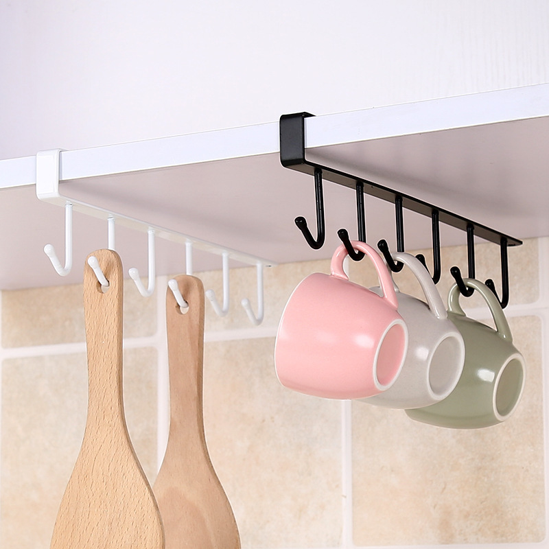 Iron Cabinet Storage Hanger Multi-Functional Hook Wardrobe Organizer Kitchen Seamless Nail-Free Hook 6 Hooks