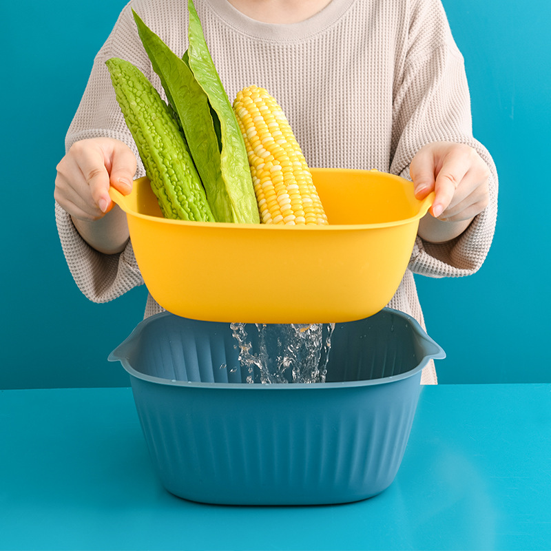 2750 Double-Layer Vegetable Washing Basket Drain Basket Household Square Wash Fruit Basin Kitchen Plastic Tray Vegetable Storage Basket