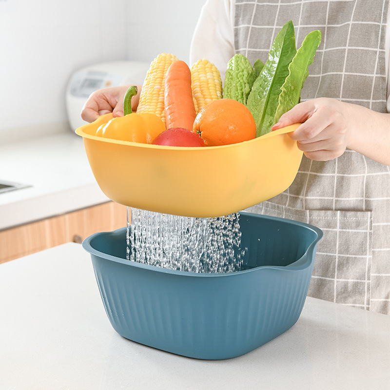 2750 Double-Layer Vegetable Washing Basket Drain Basket Household Square Wash Fruit Basin Kitchen Plastic Tray Vegetable Storage Basket