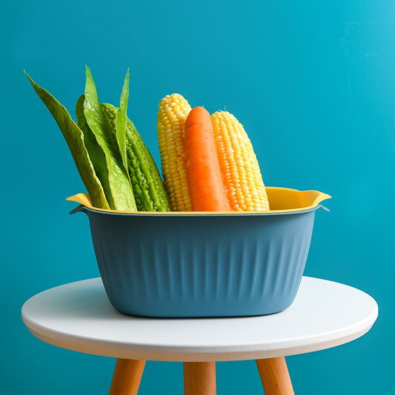 2750 Double-Layer Vegetable Washing Basket Drain Basket Household Square Wash Fruit Basin Kitchen Plastic Tray Vegetable Storage Basket