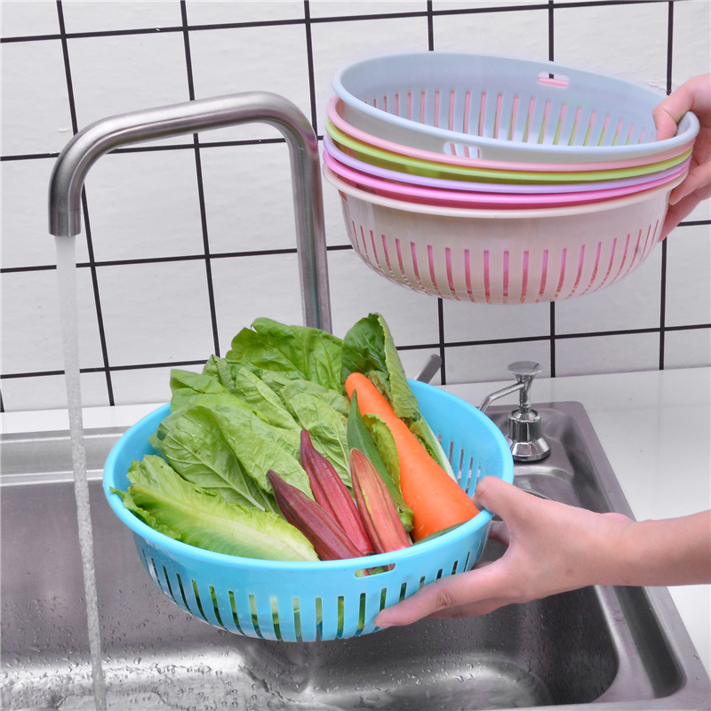 round Hollow Drain Washing Basket Plastic Basket Kitchen Vegetable Basin Fruit Basket Vegetable and Fruit Drain Basket Storage Basket