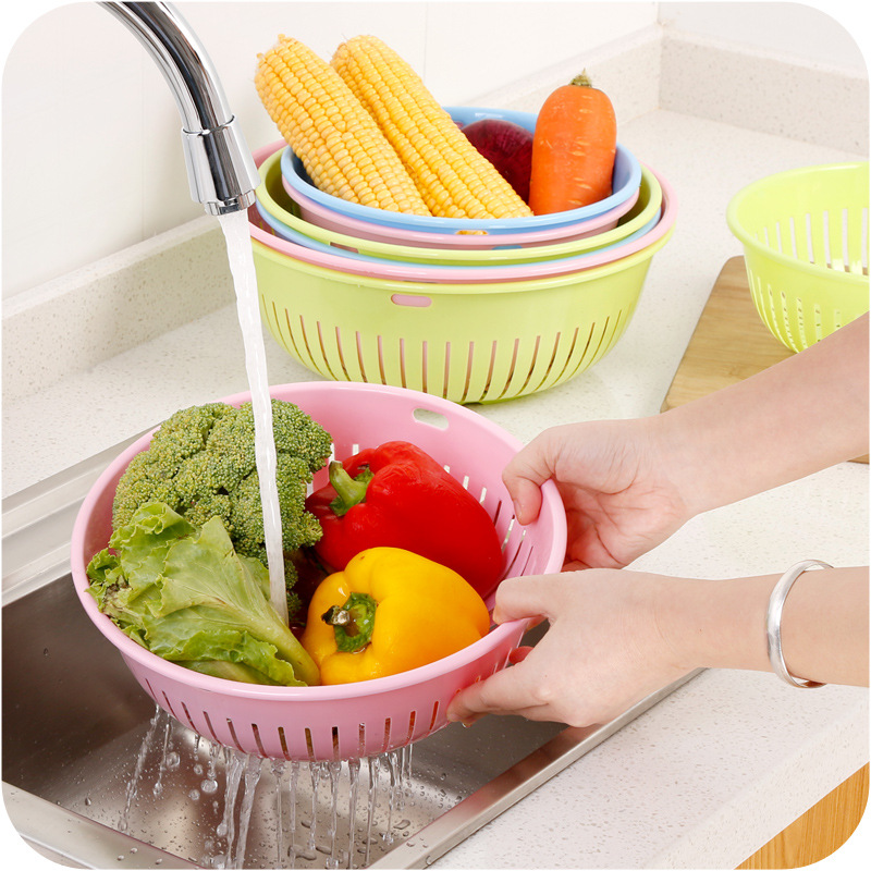 round Hollow Drain Washing Basket Plastic Basket Kitchen Vegetable Basin Fruit Basket Vegetable and Fruit Drain Basket Storage Basket