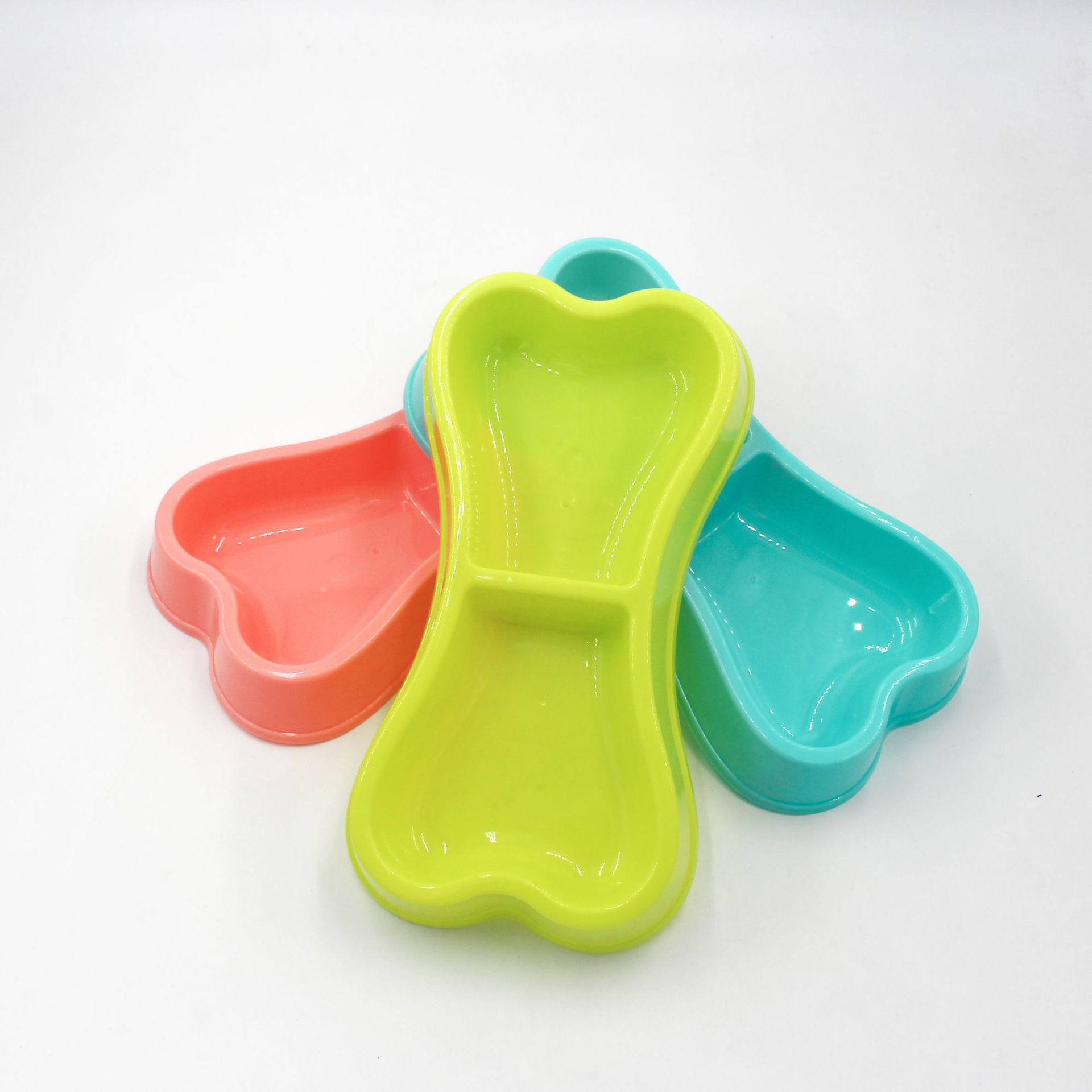 PET Plastic Bones-Shaped Double Bowl Pet Dog Bowl Food Basin Candy Color Double Dog Bowl Spot Factory Wholesale