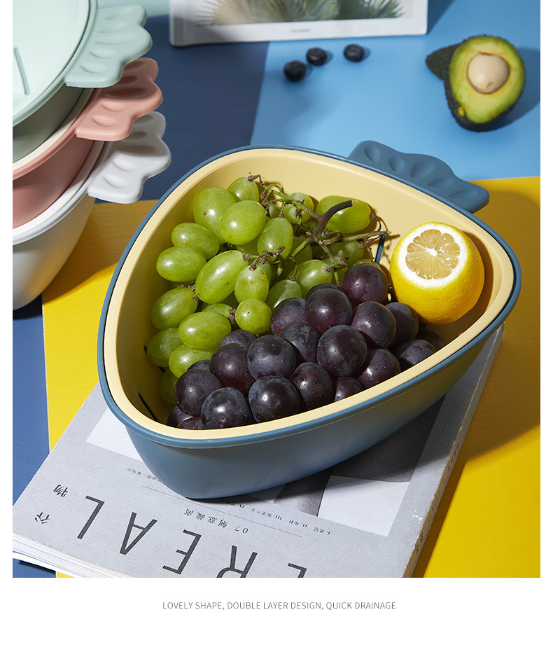Simple Two-Color Drain Basket Kitchen Fruit and Vegetable Draining Basin Washing Vegetable Basket Household Plastic Radish Double Layer Draining Basin