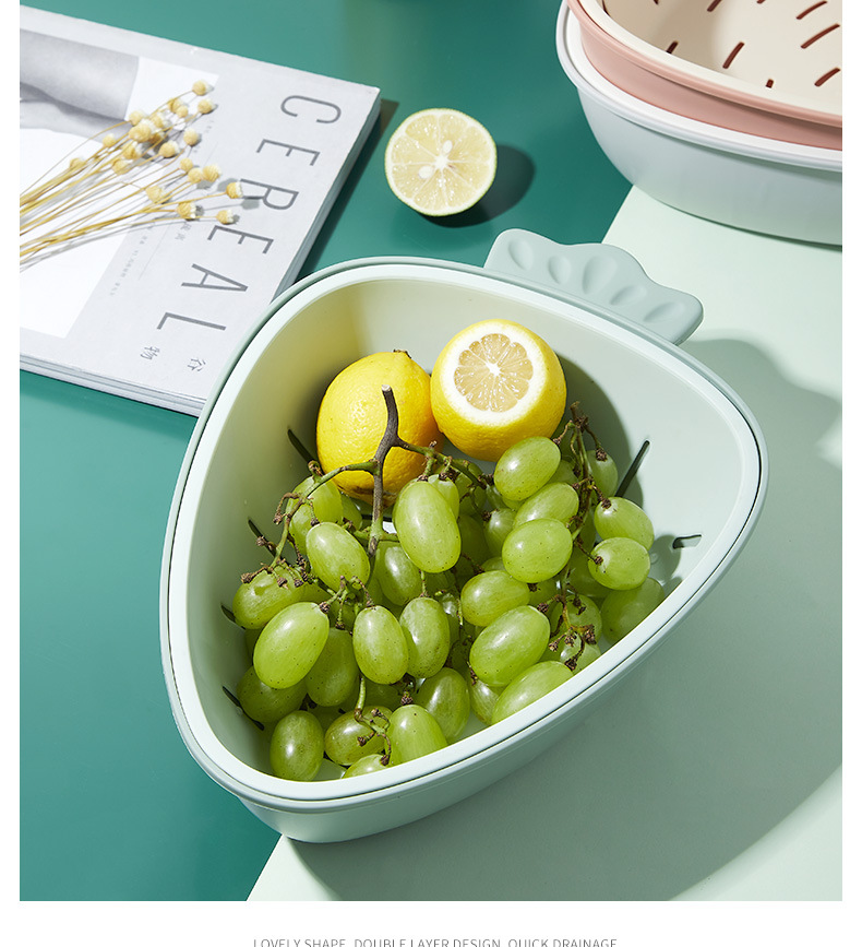 Simple Two-Color Drain Basket Kitchen Fruit and Vegetable Draining Basin Washing Vegetable Basket Household Plastic Radish Double Layer Draining Basin