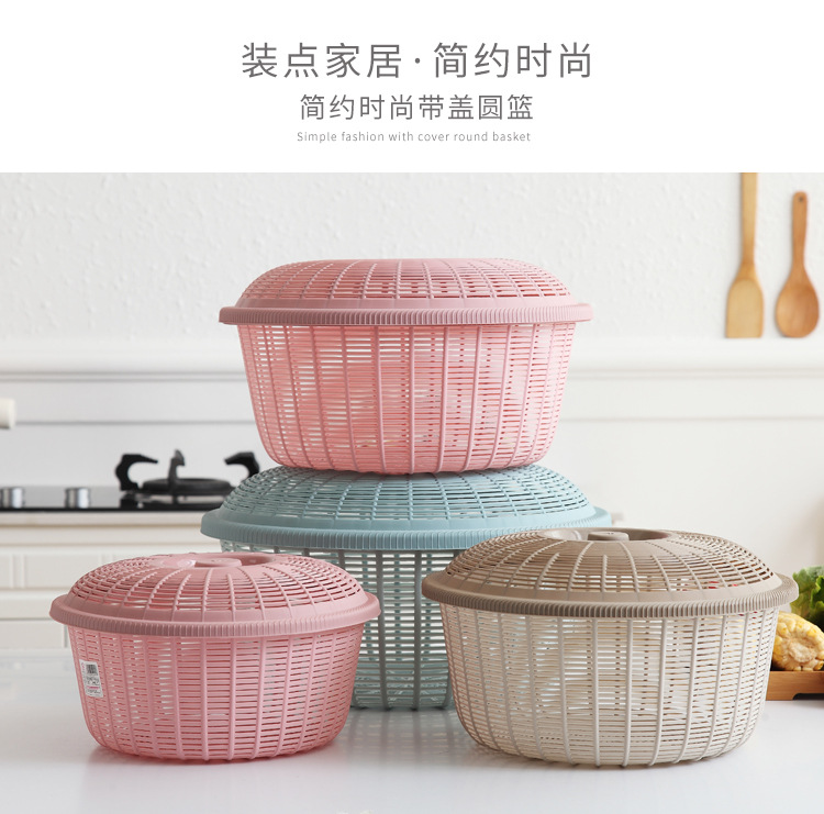 Hollow-out Household Fruit Basin Draining Basket with Lid Wash Fruit Basket Large Fruit Plate Plastic Steamed Bread Basket Kitchen Vegetable Washing Basket