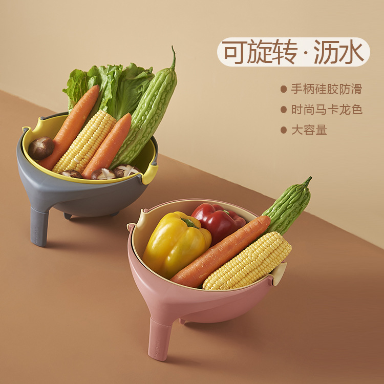 Rotating Washing Basin Drain Basket Double-Layer Washing Plate Rice Washing Multi-Function Water Filter Household Kitchen Basket Drain Plastic Artifact