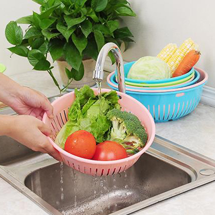 round Hollow Drain Washing Basket Plastic Basket Kitchen Vegetable Basin Fruit Basket Vegetable and Fruit Drain Basket Storage Basket
