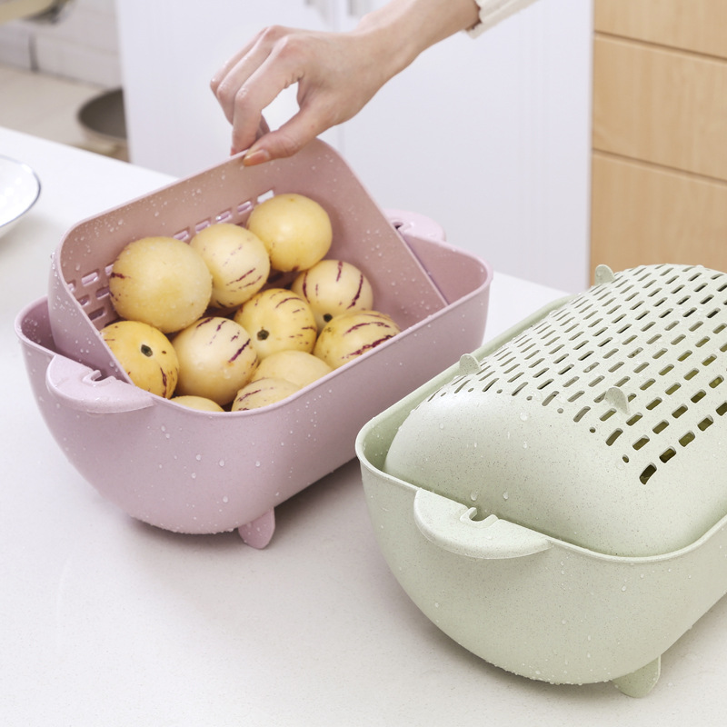 Double-Layer Vegetable Washing Basket Plastic Household Fruit Plate Bowl Strainer Washing Vegetable Basket Drain Basket Rice Washing Machine Kitchen Draining Basin 134