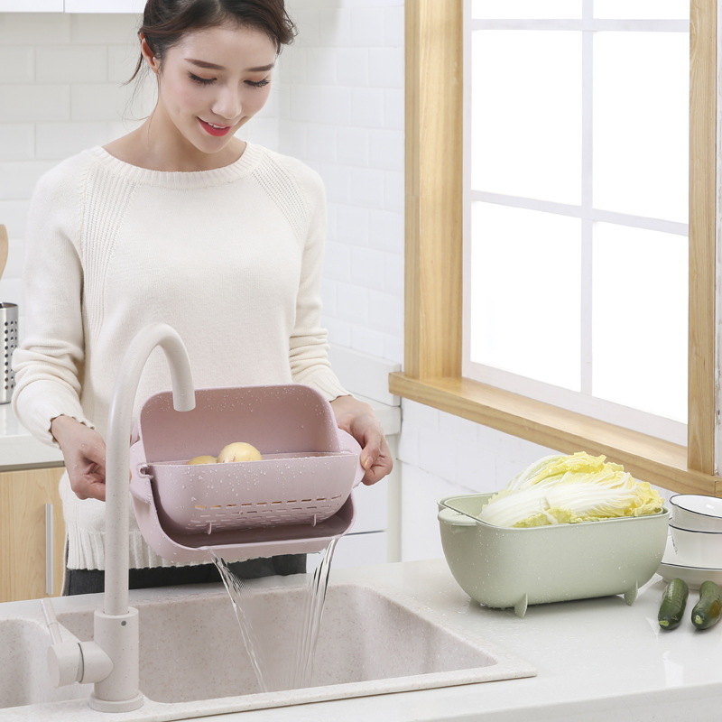 Double-Layer Vegetable Washing Basket Plastic Household Fruit Plate Bowl Strainer Washing Vegetable Basket Drain Basket Rice Washing Machine Kitchen Draining Basin 134