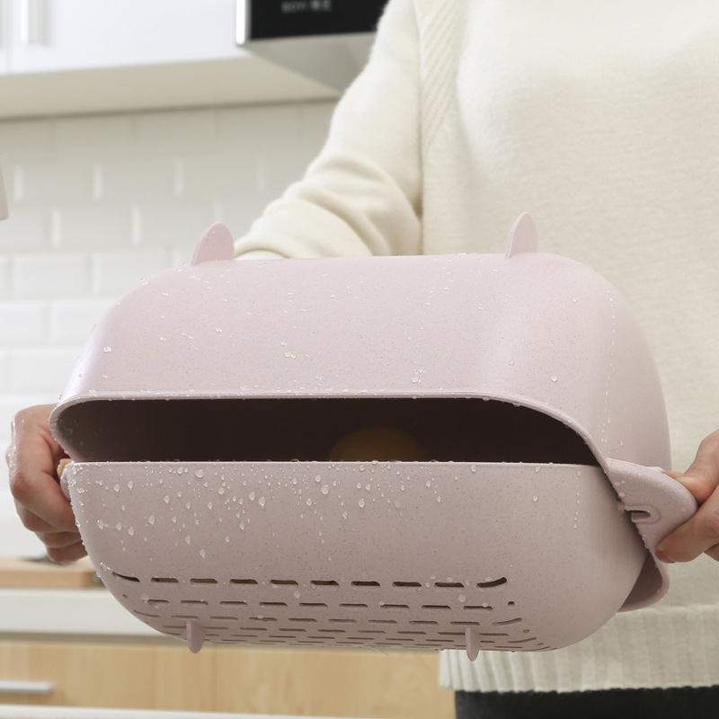 Double-Layer Vegetable Washing Basket Plastic Household Fruit Plate Bowl Strainer Washing Vegetable Basket Drain Basket Rice Washing Machine Kitchen Draining Basin 134