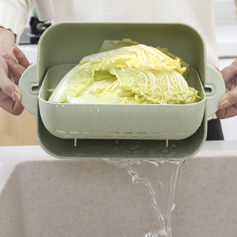 Double-Layer Vegetable Washing Basket Plastic Household Fruit Plate Bowl Strainer Washing Vegetable Basket Drain Basket Rice Washing Machine Kitchen Draining Basin 134