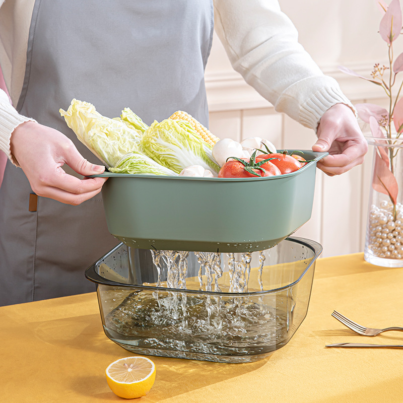 Washing Basin Draining Basket Kitchen Multi-Functional Fruit Plate Double-Layer Vegetable Basket Plastic Vegetable Basket Rectangular Washing Vegetable Basket