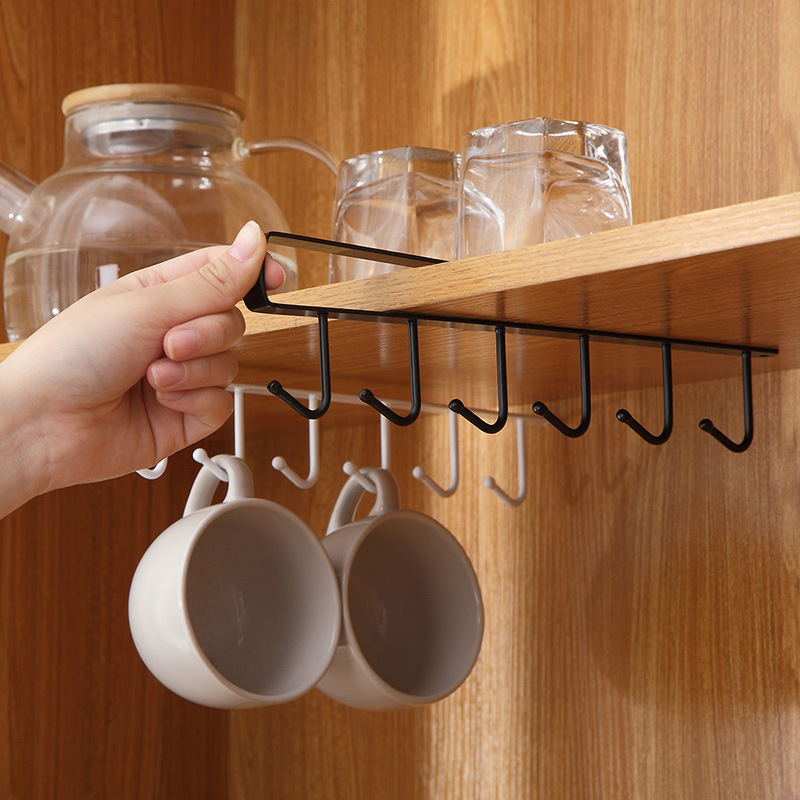 Kitchen Iron Nail-Free Hook Cabinet Storage Hanger Multifunctional Wardrobe Row Hook Organizing Rack Hanging 6 Linked