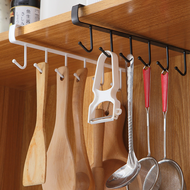 Kitchen Iron Nail-Free Hook Cabinet Storage Hanger Multifunctional Wardrobe Row Hook Organizing Rack Hanging 6 Linked