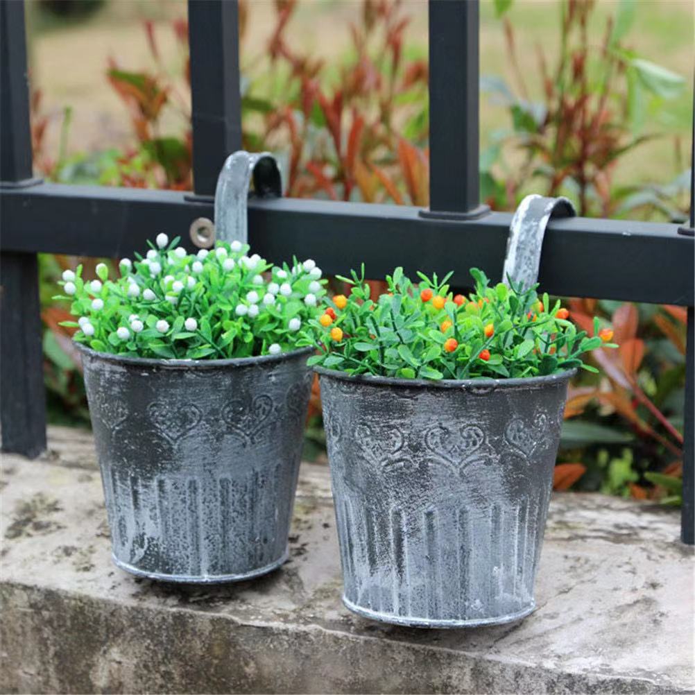 Craft Vintage Distressed Iron Sheet Flower Bucket Flower Device with Hook Decorative Artificial Flower Flower Arranging Bucket Flower Bucket Printing Potted Plant