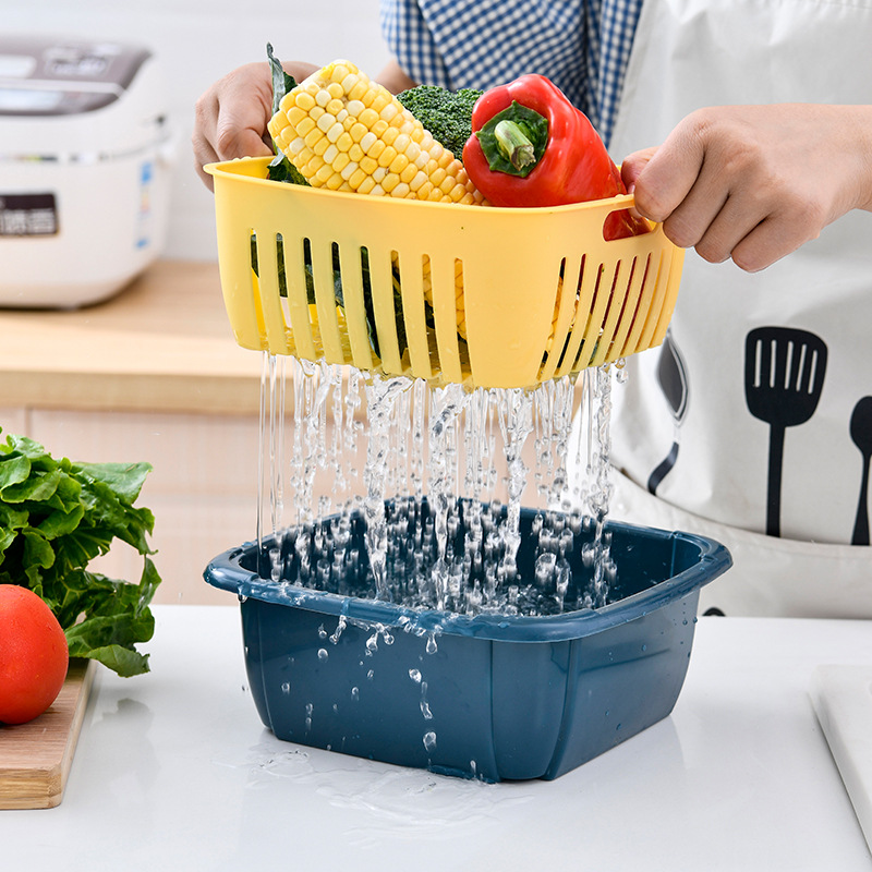 Drain Basket Washing Basin Fruit Transparent Multifunctional Kitchen Storage Plastic Double Layer with Lid Refrigerator Crisper Wholesale