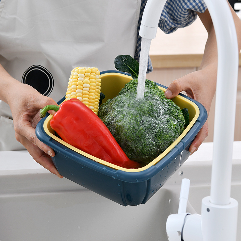Drain Basket Washing Basin Fruit Transparent Multifunctional Kitchen Storage Plastic Double Layer with Lid Refrigerator Crisper Wholesale