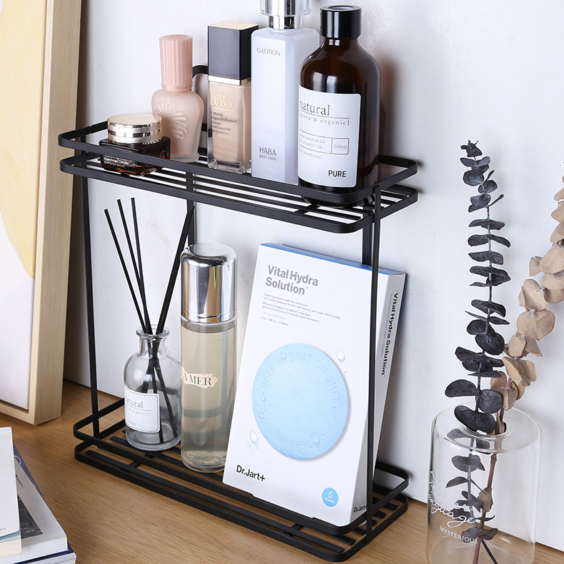 Wall-Mounted Double-Layer Iron Storage Rack Kitchen Seasoning Rack Bathroom Wash Supplies Storage Rack with Seamless Sticking Hook