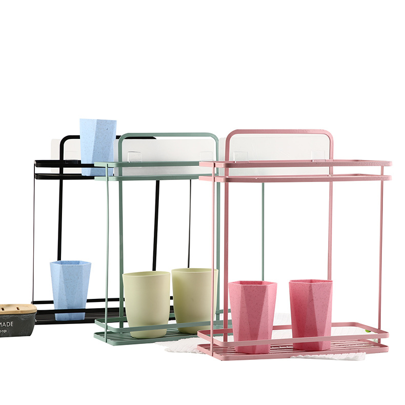 Wall-Mounted Double-Layer Iron Storage Rack Kitchen Seasoning Rack Bathroom Wash Supplies Storage Rack with Seamless Sticking Hook