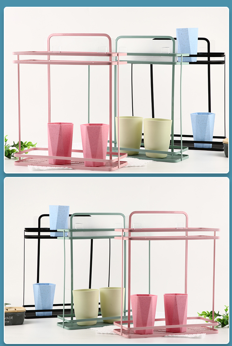 Wall-Mounted Double-Layer Iron Storage Rack Kitchen Seasoning Rack Bathroom Wash Supplies Storage Rack with Seamless Sticking Hook