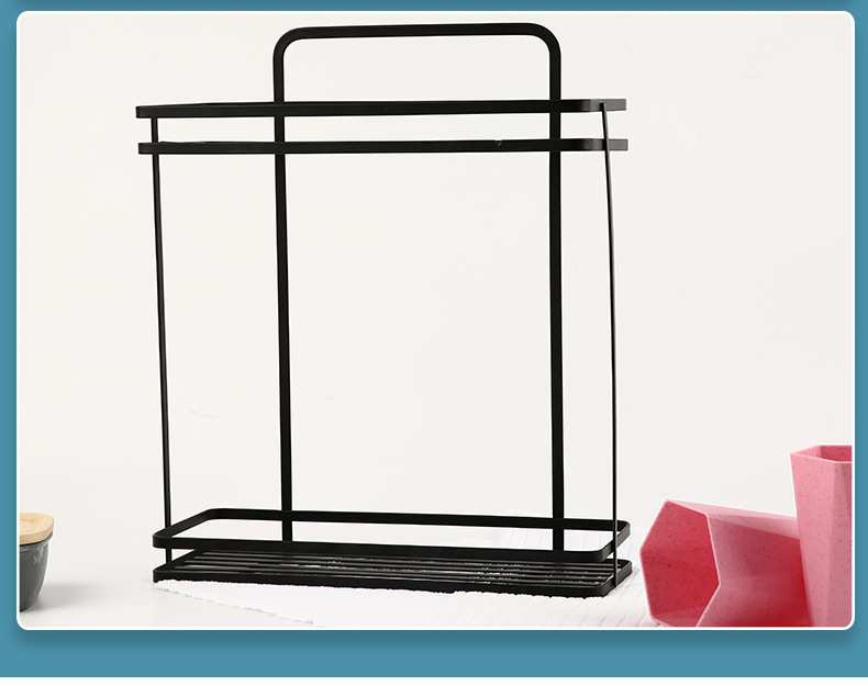 Wall-Mounted Double-Layer Iron Storage Rack Kitchen Seasoning Rack Bathroom Wash Supplies Storage Rack with Seamless Sticking Hook