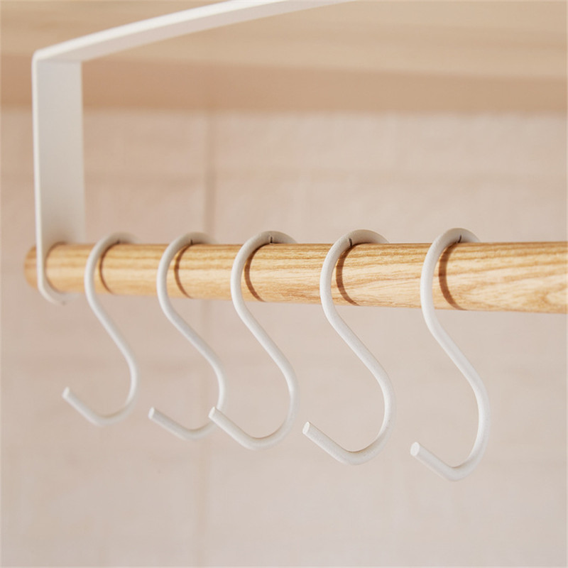 Japanese-Style Iron Cabinet Lower Hook Cup Holder Towel Storage Nail-Free Non-Perforated Wooden Handle Hanging Storage Rack