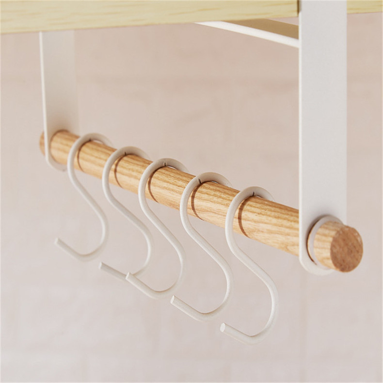Japanese-Style Iron Cabinet Lower Hook Cup Holder Towel Storage Nail-Free Non-Perforated Wooden Handle Hanging Storage Rack
